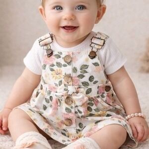 Little Lass Girls Size‎ 12M Floral Print Overall Denim Dress Pink Yellow White